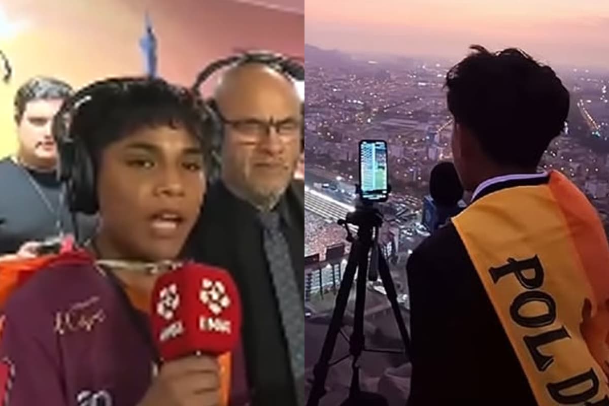 Montagem com Cliver Huaman Sanchez narrando Sporting Cristal e Alianza Lima, no Estádio Nacional, e Flamengo e Palmeiras nas montanhas ao lado do Monumental