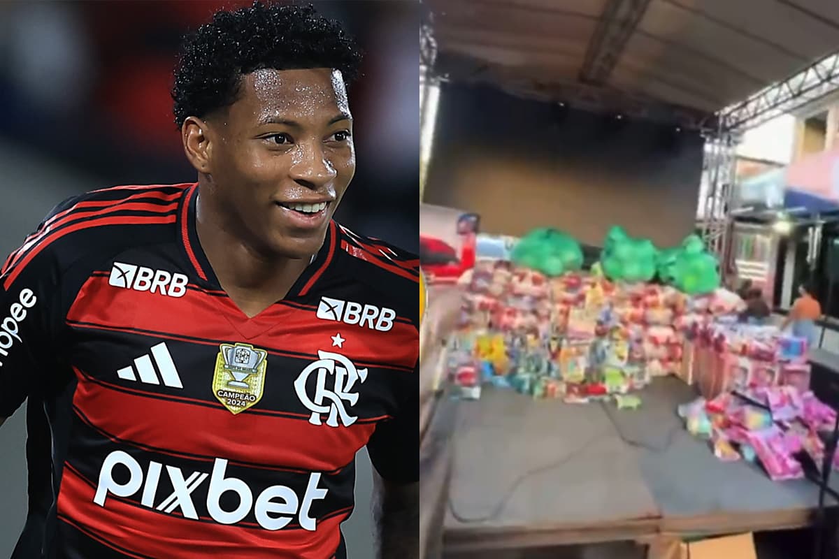 Montagem com Plata sorrindo com a camisa do Flamengo e ação beneficente realizada pelo jogador