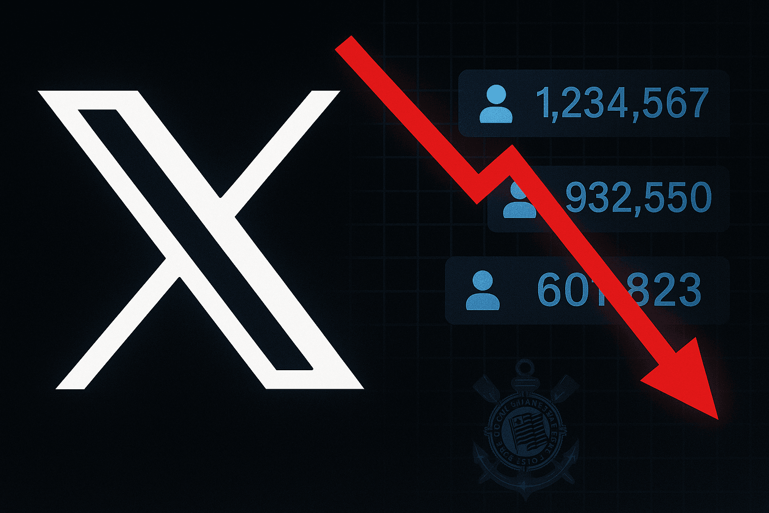 Gráfico mostrando o logo do X e uma seta vermelha apontando para baixo, simbolizando a perda de seguidores após a limpeza de contas na plataforma.