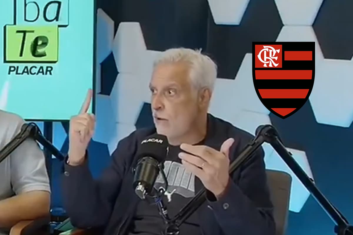 Montagem com Sormani durante programa da Placar ao lado do escudo do Flamengo