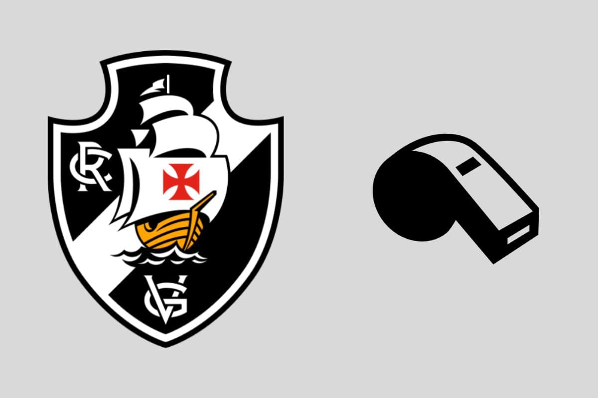 Imagem que representa arbitragem para jogo do Vasco. Há um escudo do Vasco ao lado de um apito