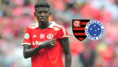 Vitão, zagueiro do Internacional, e escudos do Flamengo e do Cruzeiro
