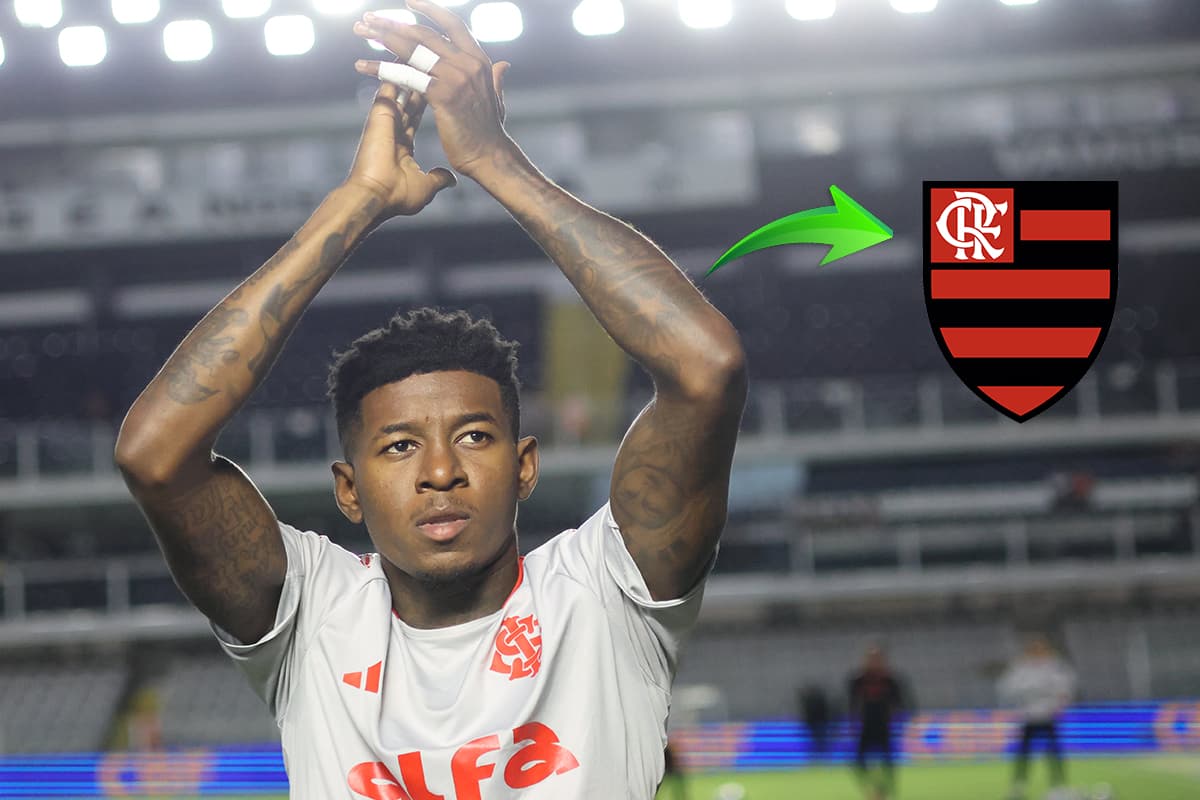 Montagem de Vitão, do Internacional ao lado do escudo do Flamengo com uma seta verde entre o jogador e o Rubro-Negro
