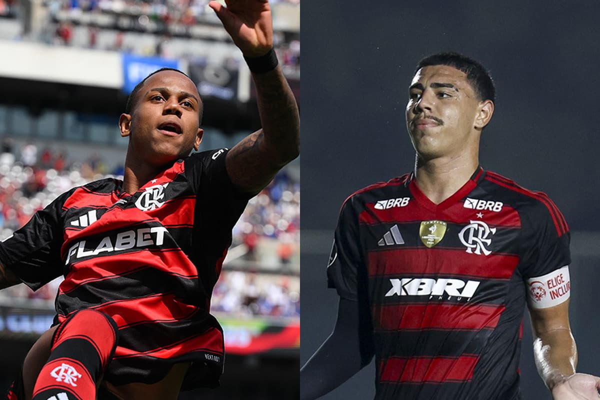 Montagem com Wallace Yan comemorando gol em Flamengo x Chelsea e Iago pelo Libertadores Sub-20