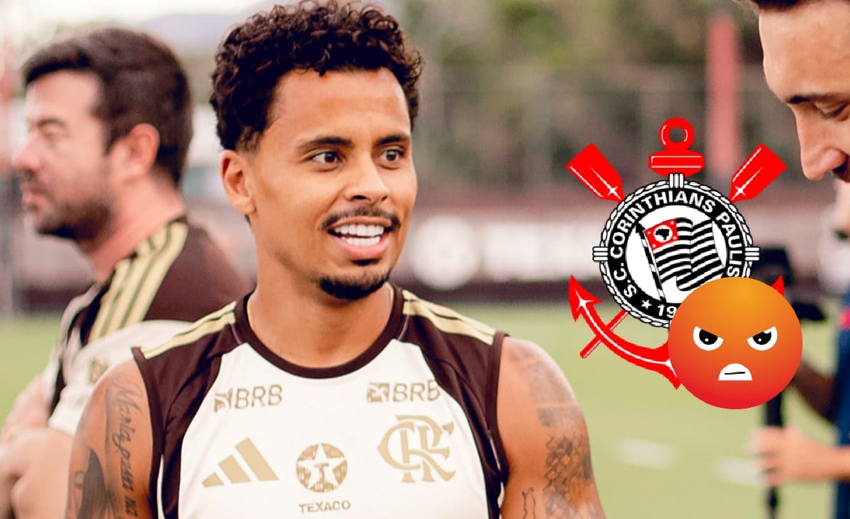Allan em treino do Flamengo; escudo do Corinthians