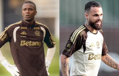 Andrew no primeiro treino pelo Flamengo (esquerda); Michael sorri durante aquecimento no Ninho do Urubu (direita)