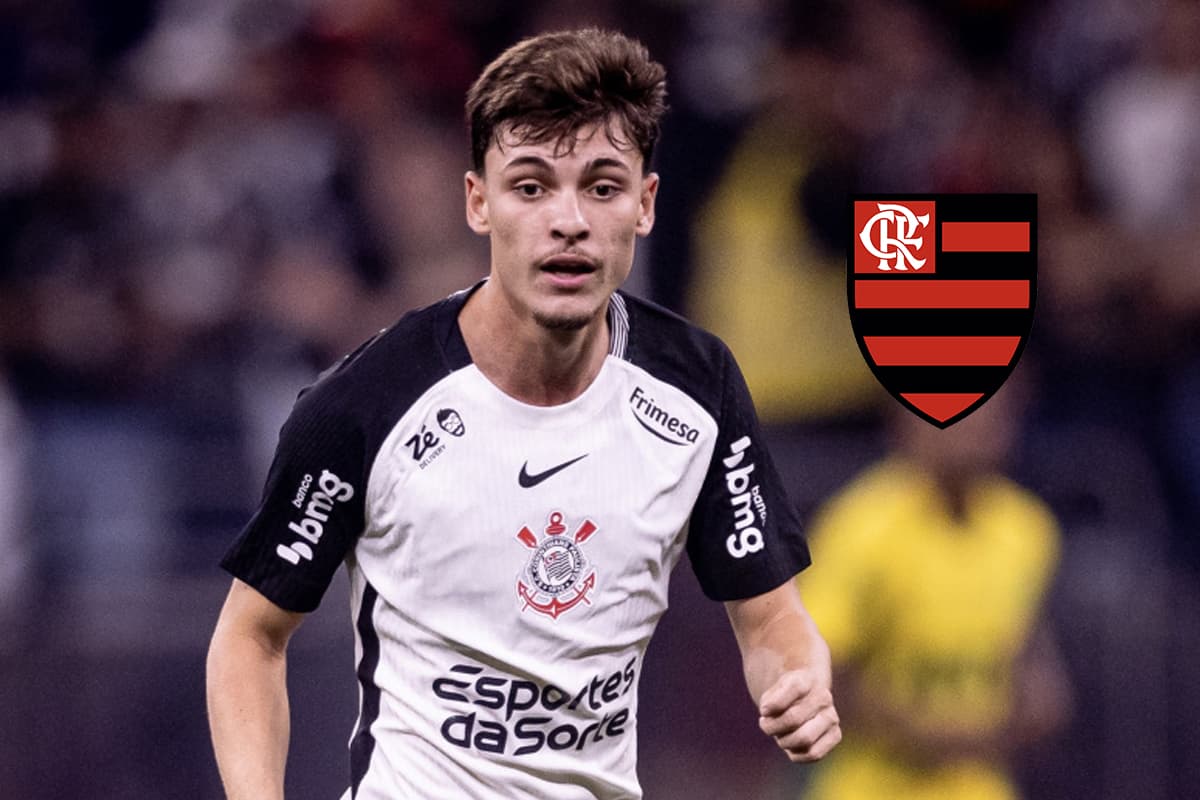 Breno Bidon durante partida pelo Corinthians, ao lado, o escudo do Flamengo