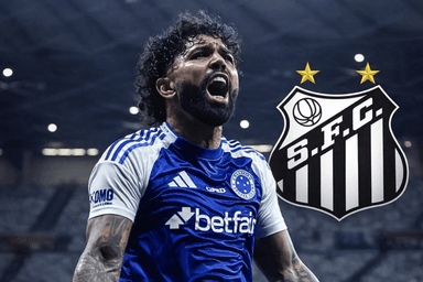 Gabigol comemorando gol pelo Cruzeiro e ao lado o escudo do Santos, sua possível nova casa