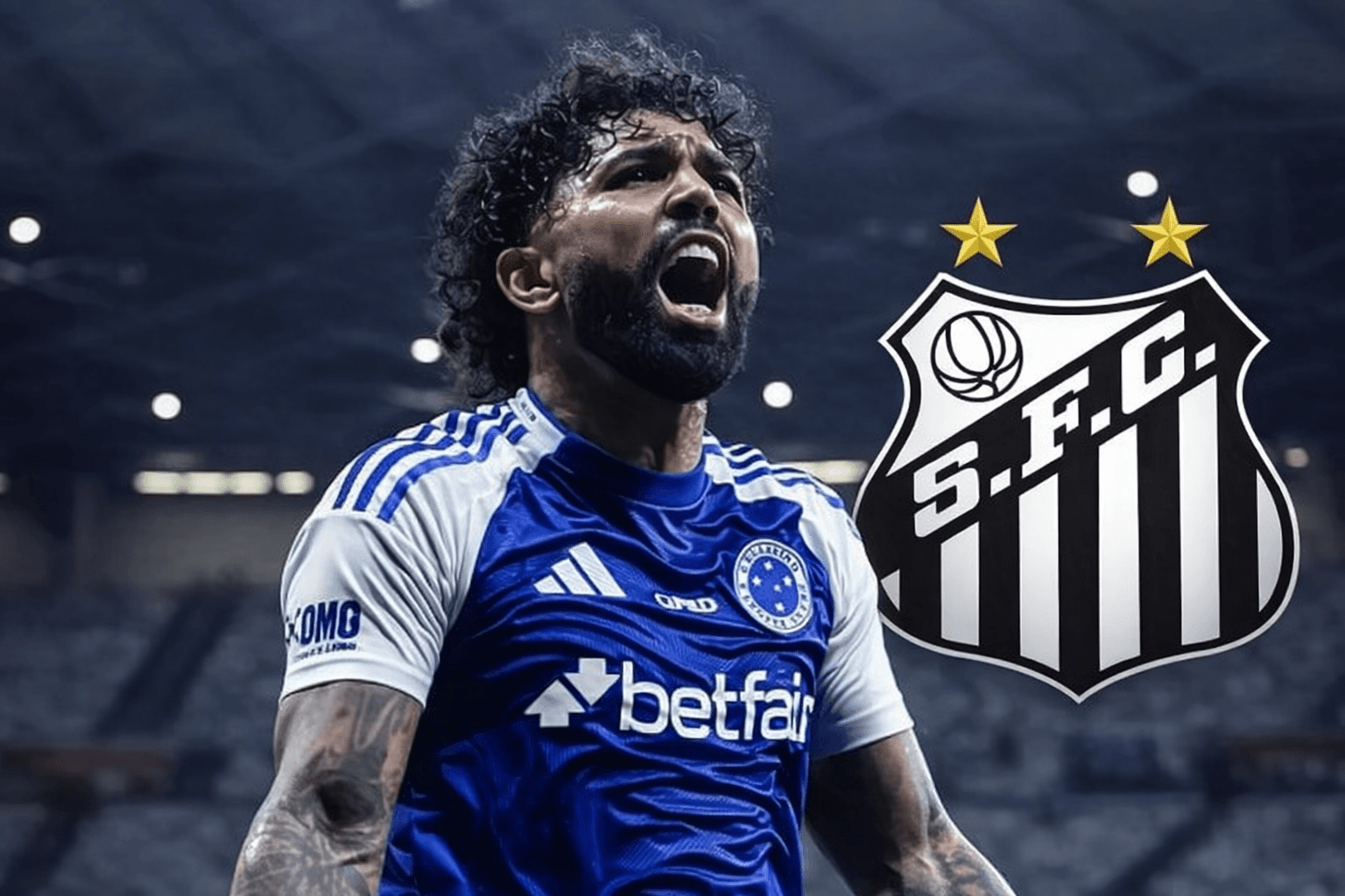 Gabigol comemorando gol pelo Cruzeiro e ao lado o escudo do Santos, sua possível nova casa