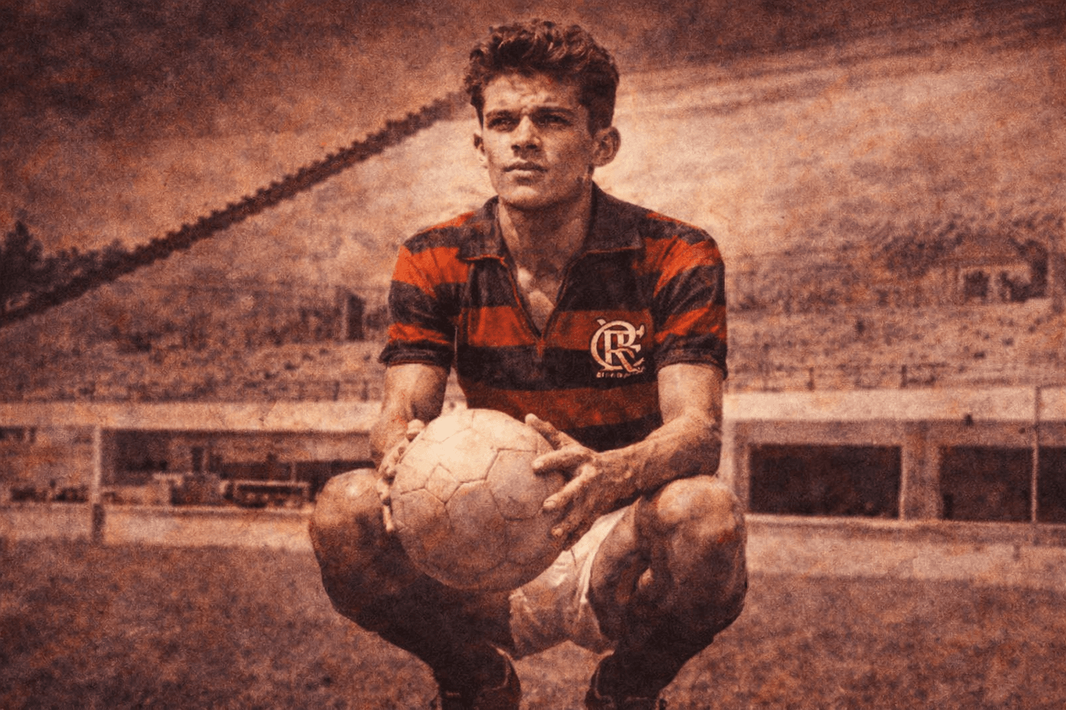 Dida com a camisa do Flamengo, agachado com a bola no estádio, em imagem estilizada inspirada nos anos 1950.