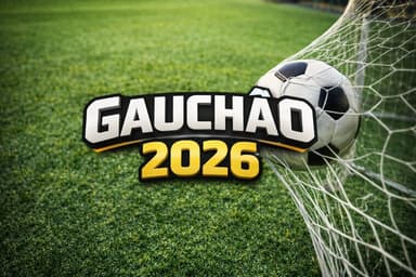 Gauchão 2026 com fundo de gramado e bola indo em direção ao gol, com o texto “Gauchão 2026” em destaque