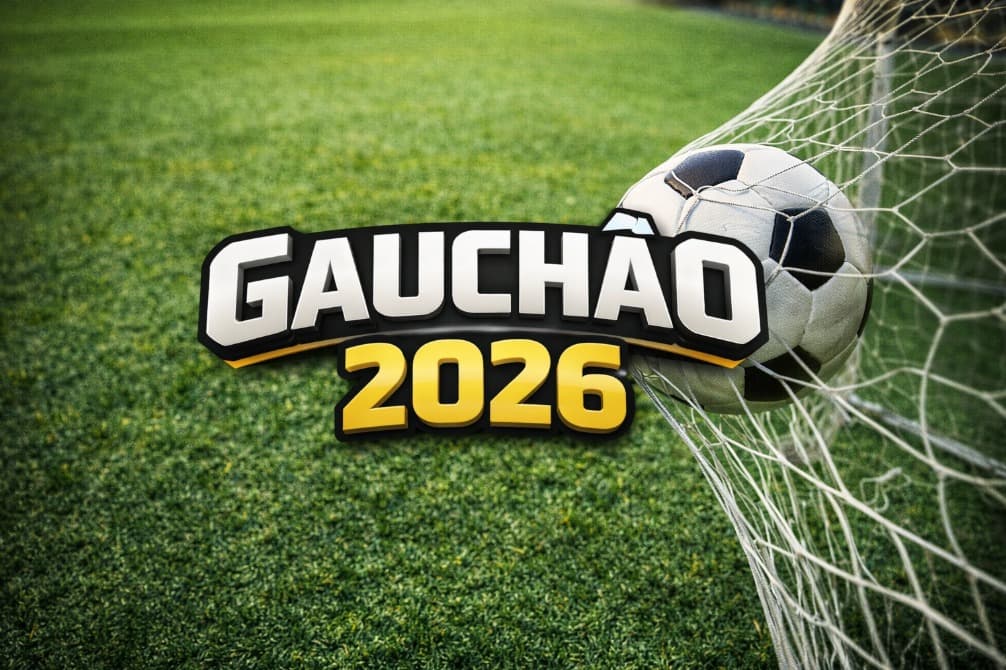 Gauchão 2026 com fundo de gramado e bola indo em direção ao gol, com o texto “Gauchão 2026” em destaque