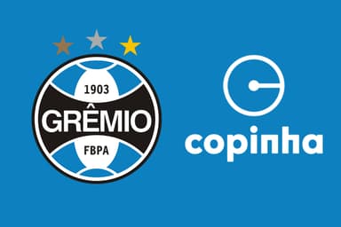 Escudo do Grêmio ao lado da logo da Copinha com fundo azul.