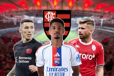 Montagem com Grimaldo (Bayer Leverkusen), Abner (Lyon)  e Caio Henrique (Monaco) lado a lado. Atrás dos jogadores, o escudo Flamengo e o Maracanã durante uma partida do clube