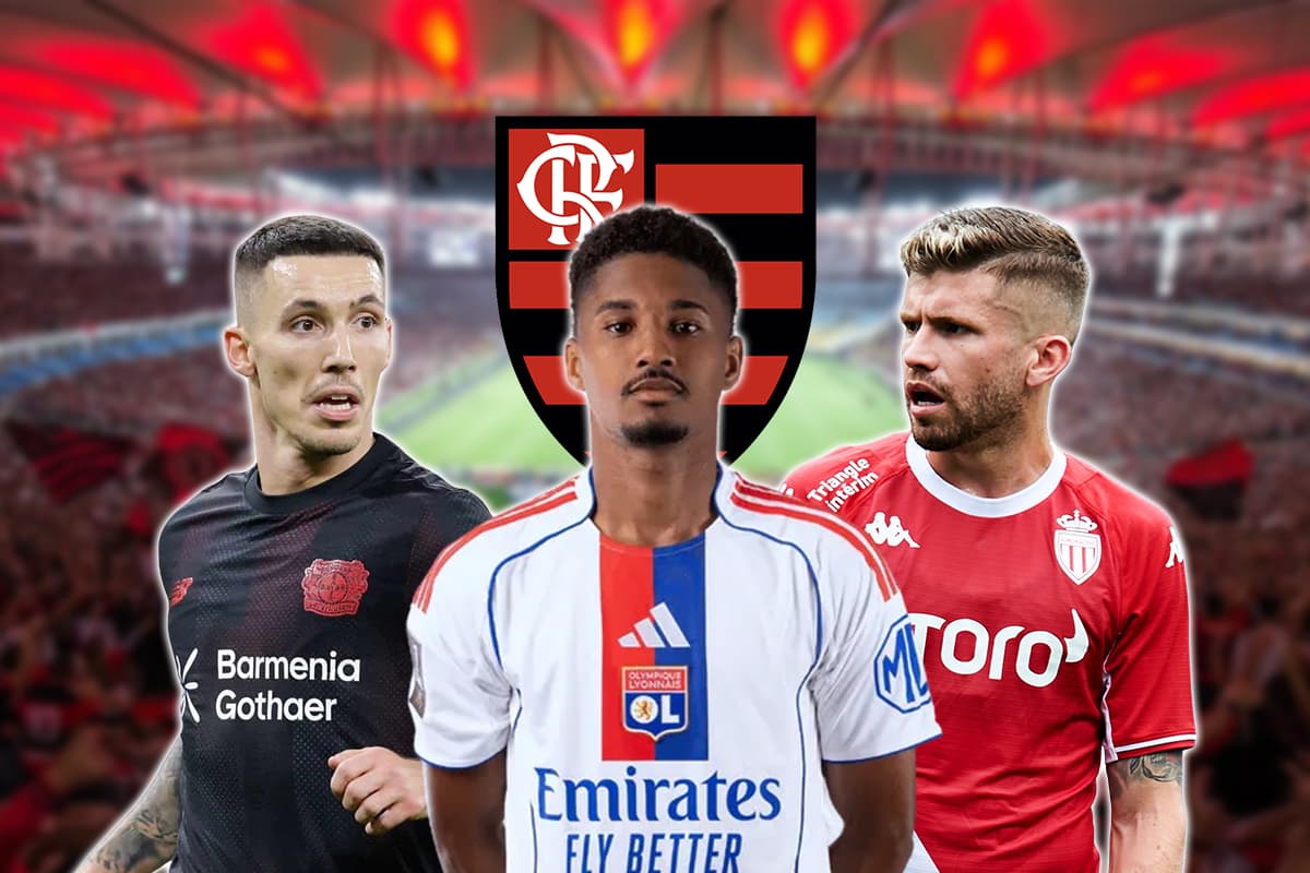 Montagem com Grimaldo (Bayer Leverkusen), Abner (Lyon)  e Caio Henrique (Monaco) lado a lado. Atrás dos jogadores, o escudo Flamengo e o Maracanã durante uma partida do clube