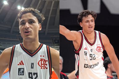 Gueiros, do Flamengo, durante entrevista na zona mista e atuando durante Flamengo x Corinthians, no Maracanãzinho