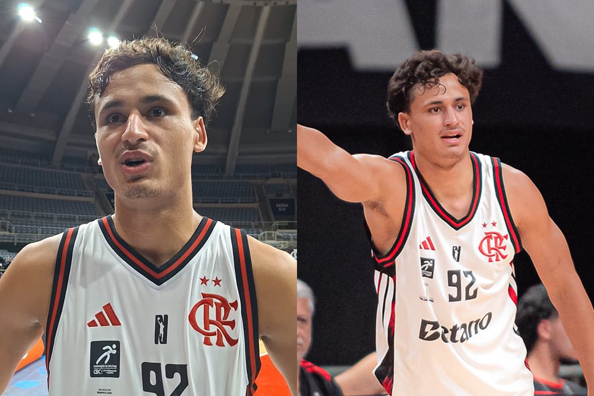 Gueiros, do Flamengo, durante entrevista na zona mista e atuando durante Flamengo x Corinthians, no Maracanãzinho