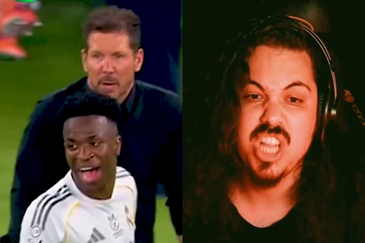 Vini Jr discutindo com Simeone durante Real Madrid x Atlético de Madrid, ao lado, vídeo do dublador Gustavo Machado fazendo a leitura labia da discussão