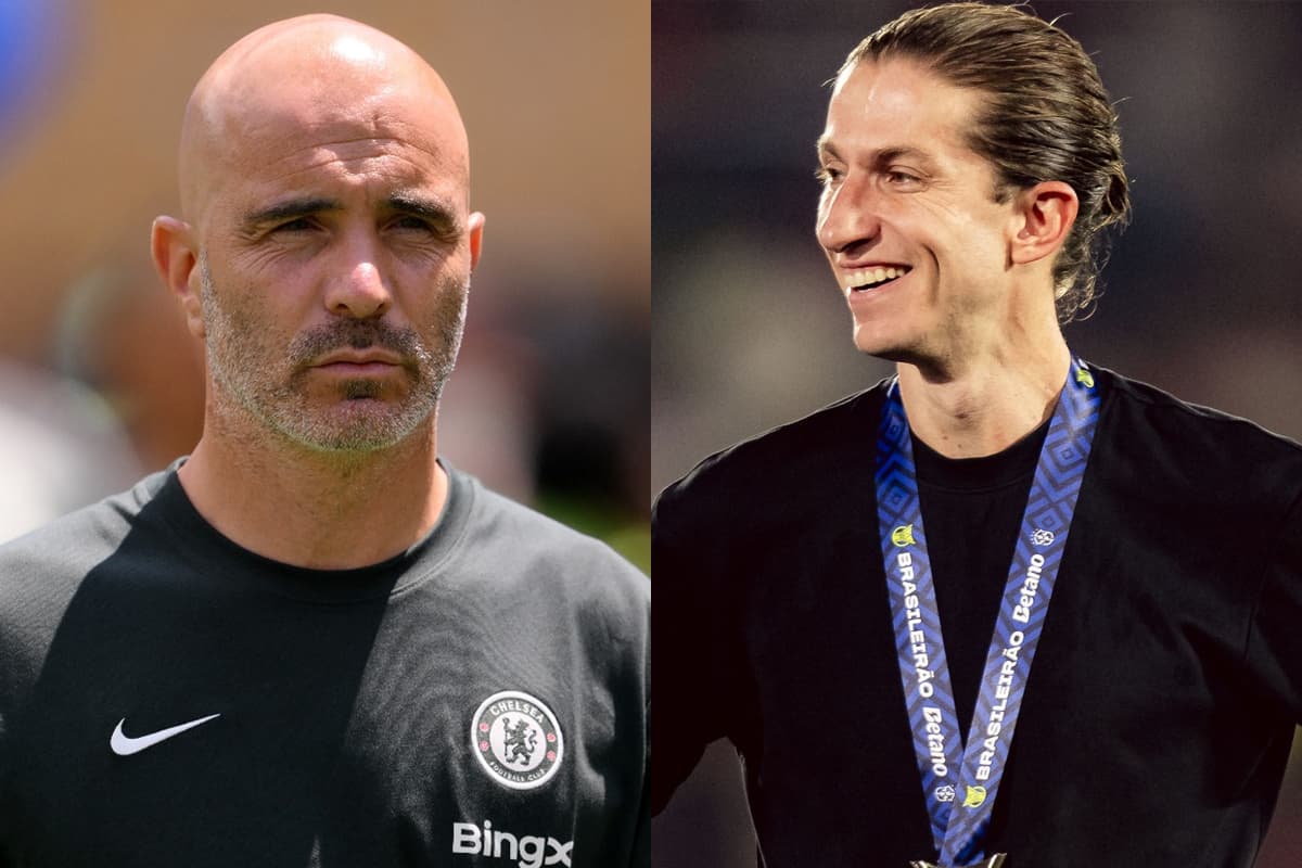 Enzo Maresca durante Flamengo e Chelsea, e Filipe Luís rindo durante premiação do título do Brasileirão 2025