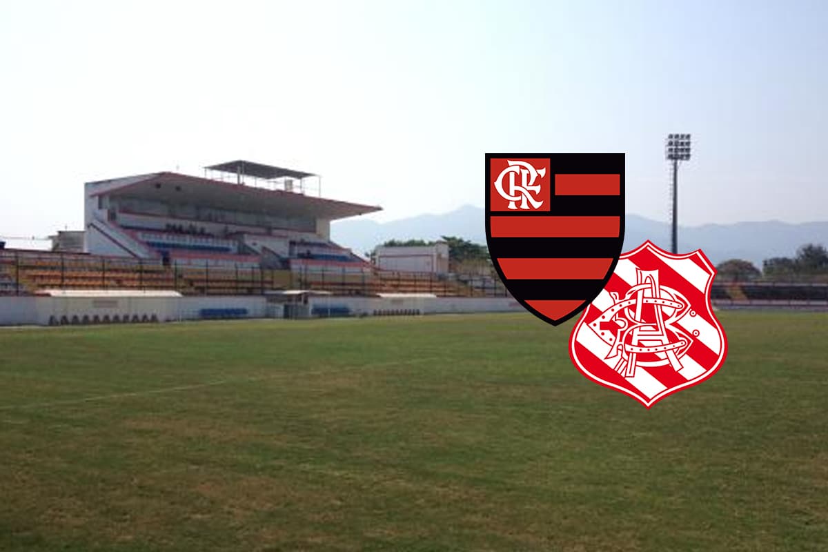 Estádio Moça Bonita e escudo de Flamengo e Bangu