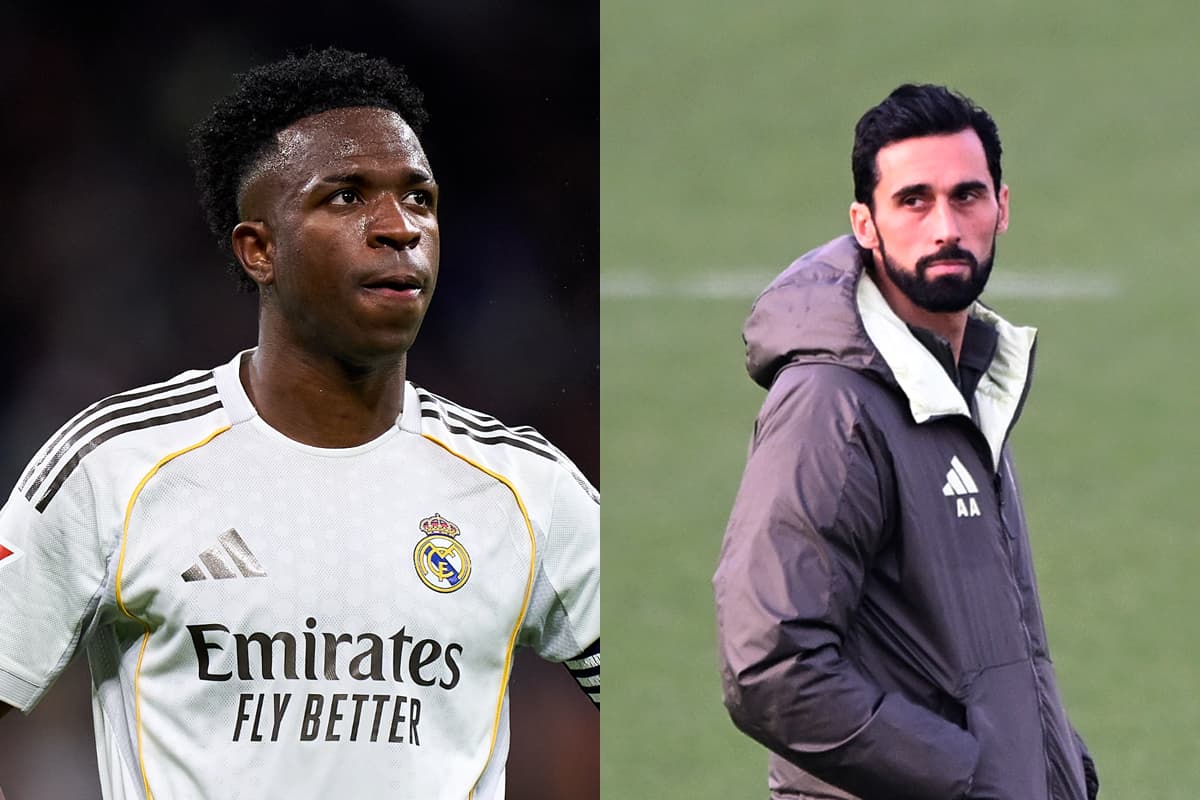 Montagem com Vini Jr em campo pelo Real Madrid, e Arbeloa durante treino do clube espanhol