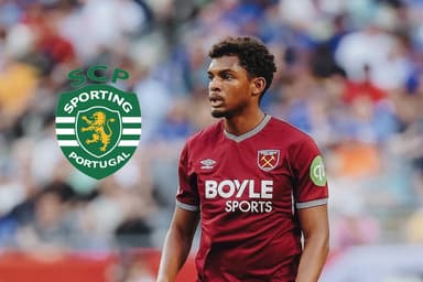 Luís Guilherme em campo pelo West Ham, ao lado, o escudo do Sporting