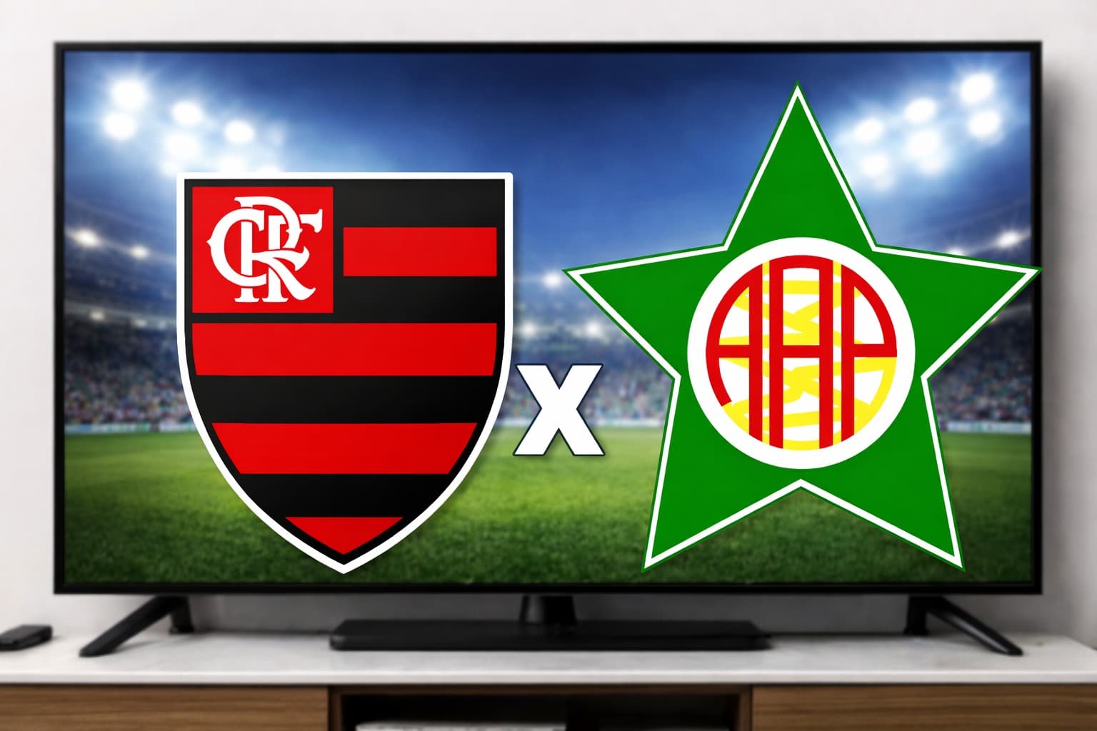 Escudos de Flamengo e Portuguesa-RJ com televisão ao fundo representando a transmissão ao vivo do jogo pelo Campeonato Carioca 2026