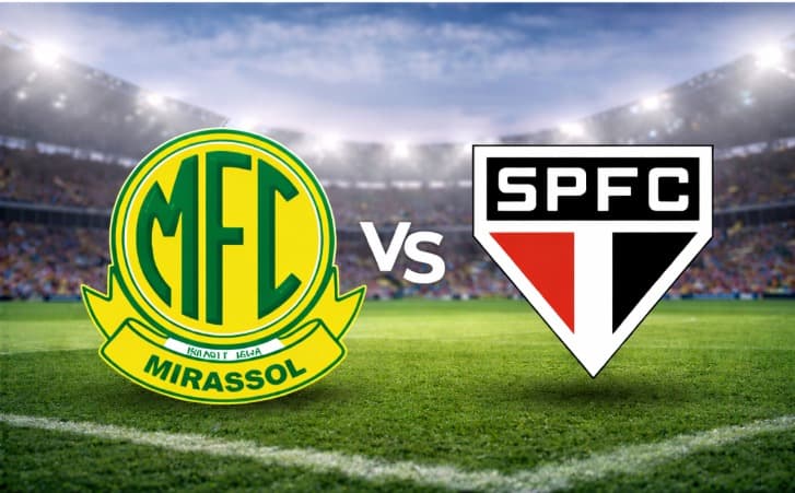 Arte com os escudos de Mirassol e São Paulo e “x” ao centro, representando o confronto pela 1ª rodada do Paulistão 2026