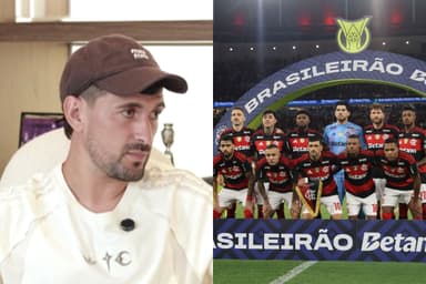 Arrascaeta durante o Podacast 10 & Faixa e elenco do Flamengo no Maracanã