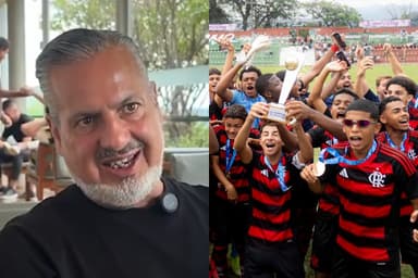José Boto em entrevista o "ge" ao lado de jogadores da base do Flamengo comemorando título