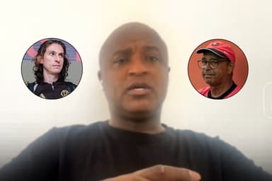 Reinaldo durante entrevista à ESPN ao lado de fotos dos técnicos Filipe Luís e Carlinhos