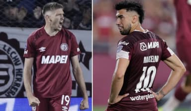 Rodrigo Castillo e Marcelino Moreno em campo pelo Lanús