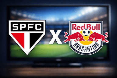 Escudo do São Paulo à esquerda e escudo do Red Bull Bragantino à direita com um “X” no meio, sobre uma TV desfocada ao fundo
