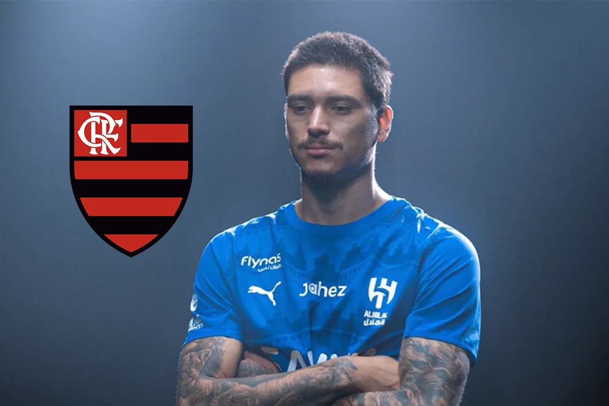Darwin Núñez com a camisa do Al-Hilal ao lado do escudo do Flamengo