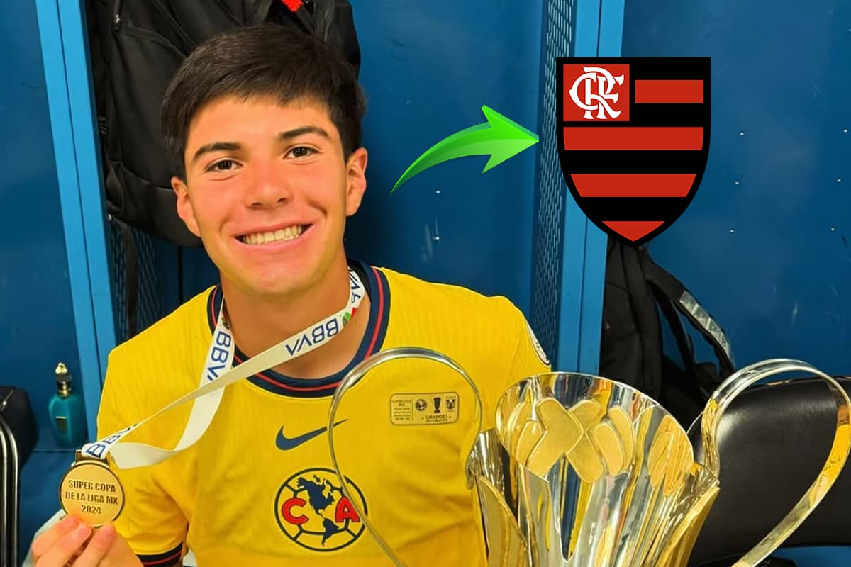 Diego Reyes do América-MEX ao lado do escudo do Flamengo