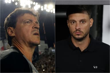Montagem com Fernando Diniz e Martín Anselmi, treinadores de Vasco e Botafogo, com semblantes sérios