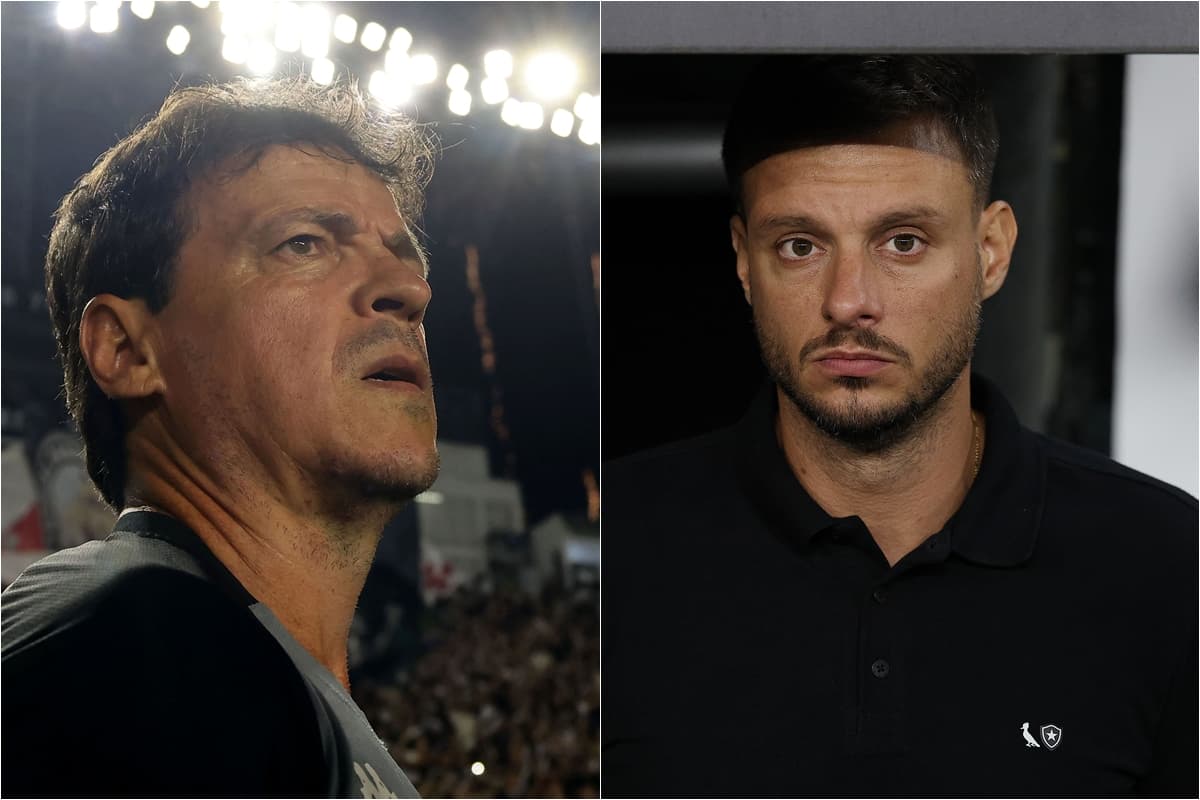 Montagem com Fernando Diniz e Martín Anselmi, treinadores de Vasco e Botafogo, com semblantes sérios