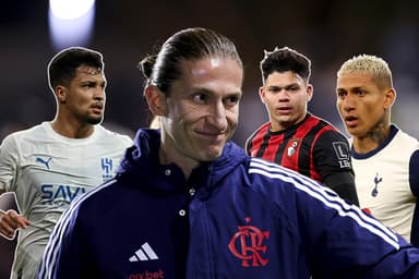 Filipe Luís, técnico do Flamengo e os jogadors Marcos Leonardo, Evanilson e Richarlison