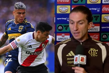Filipe Luís durante entrevista à ESPN ao lado de jogadores de Boca Juniors e River Plate durante clássico