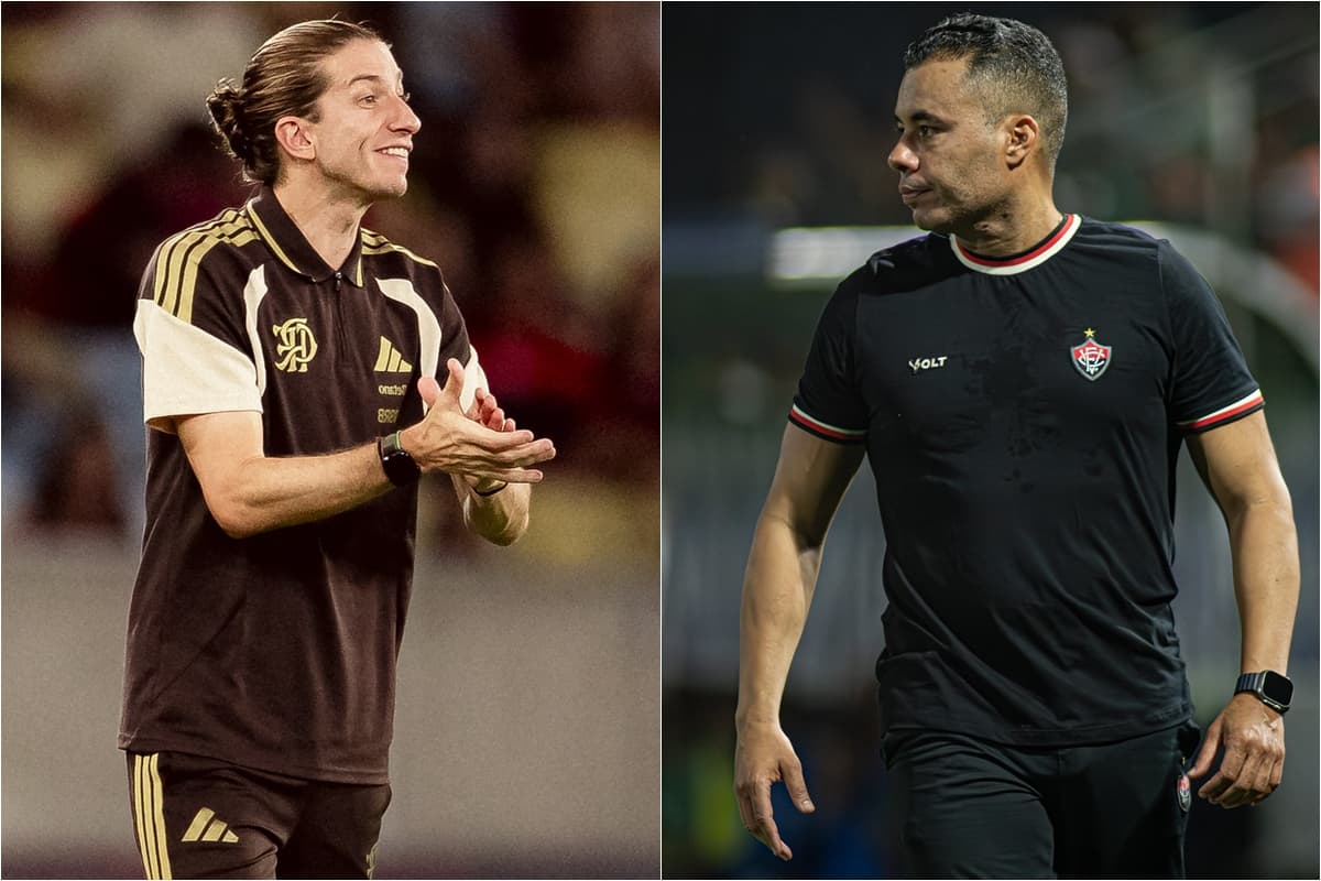 Montagem com Filipe Luís aplaudindo time do Flamengo e Jair Ventura com semblante sério durante jogo do Vitória
