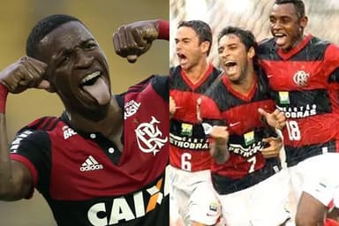 Vini Jr comemorando gol contra o Botafogo em 2018. Ibson, Obina e Juan comemorando gol contra o Botafogo em 2008