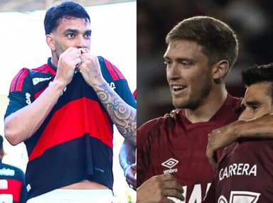 Paquetá beija escudo do Flamengo (esquerda); jogadores do Lanús comemoram gol (direita)