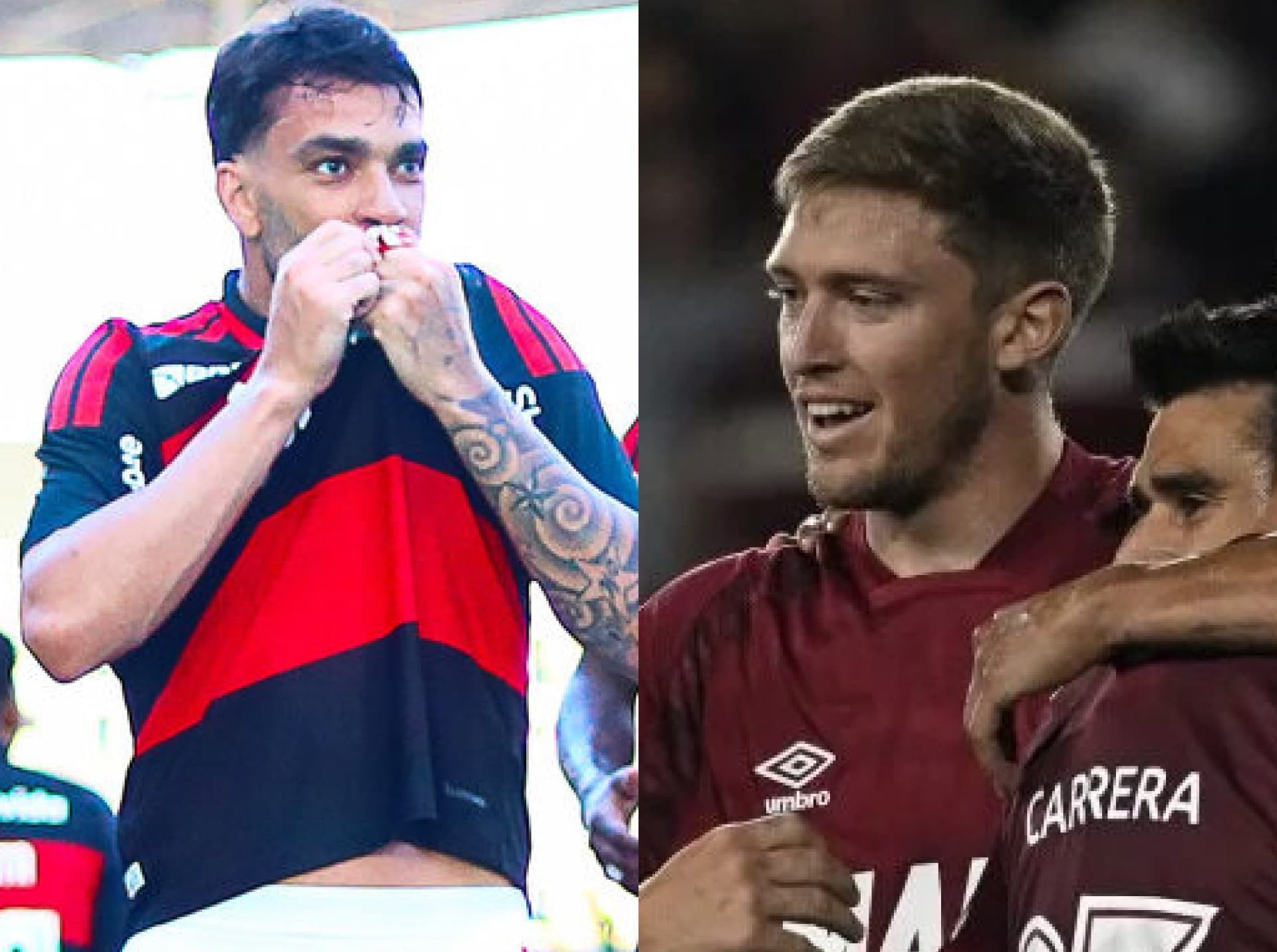 Paquetá beija escudo do Flamengo (esquerda); jogadores do Lanús comemoram gol (direita)
