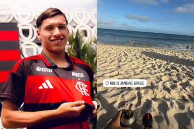 Juan Sayago com a camisa do Flamengo e foto do jogador no Rio de Janeiro