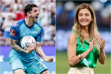 Montagem com Nino vibrando comemorando gol pelo Zenit e Leila Pereira aplaudindo sorridente em jogo do Palmeiras