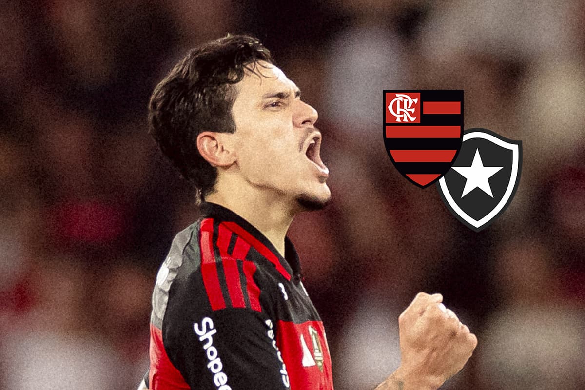 Pedro comemorando gol pelo Flamengo ao lado dos escudos de Flamengo e Botafogo