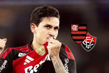 Pedro beijando escudo do Flamengo ao lado dos escudos de Flamengo e Vitória