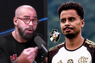 Lucas Pedrosa durante programa da CazéTV, ao lado do escudo do Vasco e do volante Allan durante treino do Flamengo