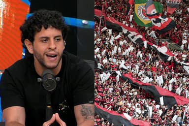 Gabriel Simões durante programa da CazéTV ao lado da torcida do Flamengo