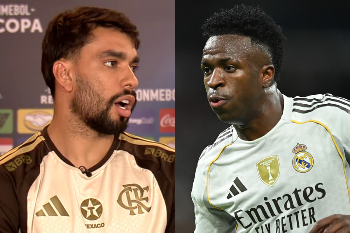 Paquetá durante entrevista à ESPN e Vini Jr durante jogo pelo Real Madrid